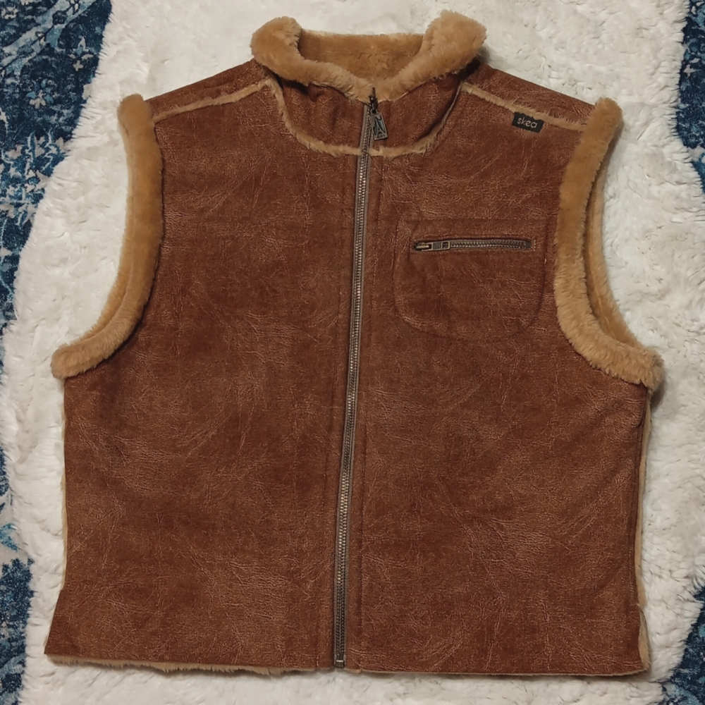 Vintage Skea brown faux leather fur lined vest women's medium